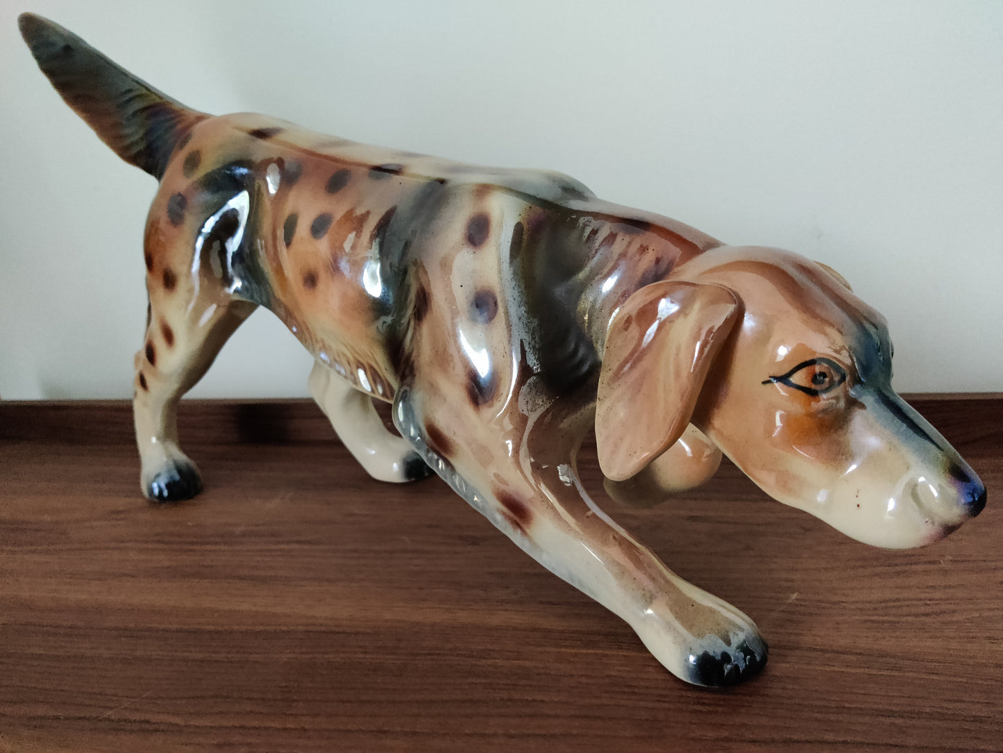 Statue chien Setter Ancienne Faïence Bequet Sculpture Animal Vintage