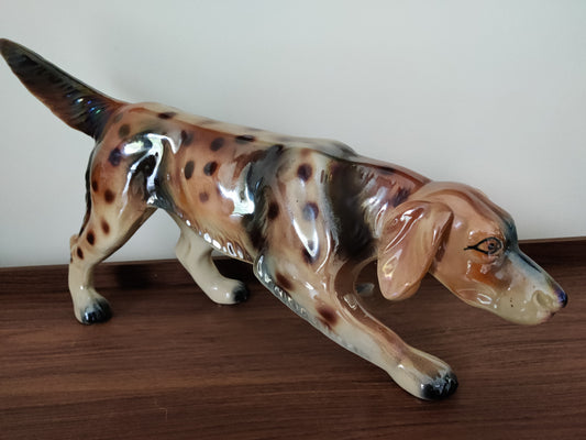 Statue chien Setter Ancienne Faïence Bequet Sculpture Animal Vintage