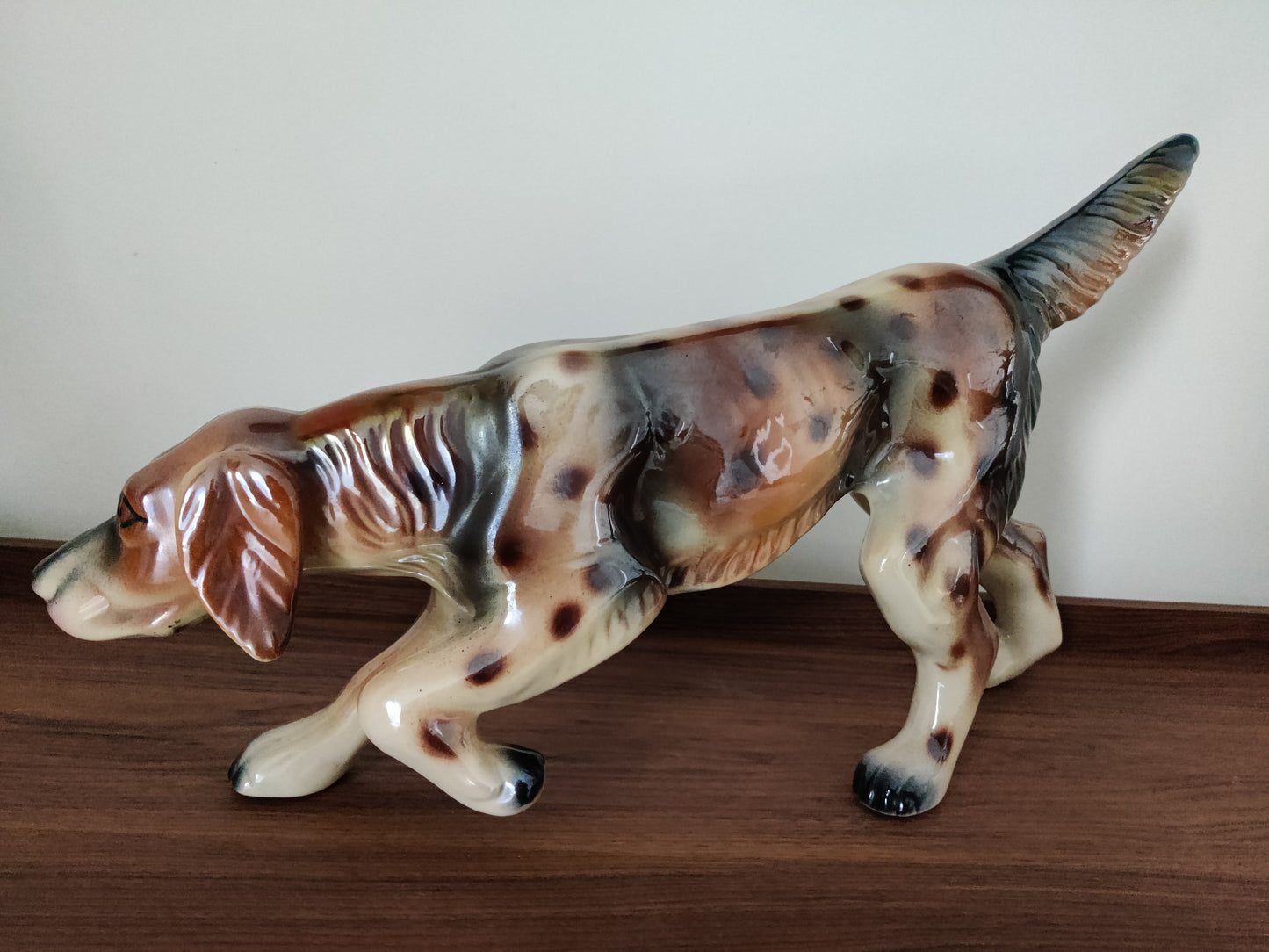 Statue chien Setter Ancienne Faïence Bequet Sculpture Animal Vintage